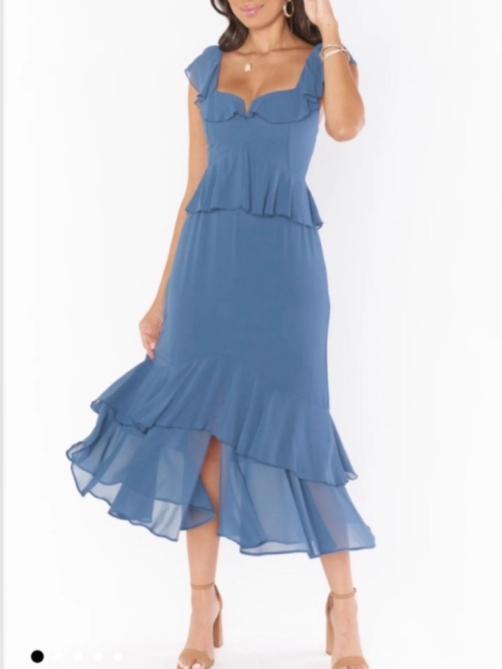 Show Me Your Mumu Reese Ruffle Dress. Size Large. Slate Blue Chiffon